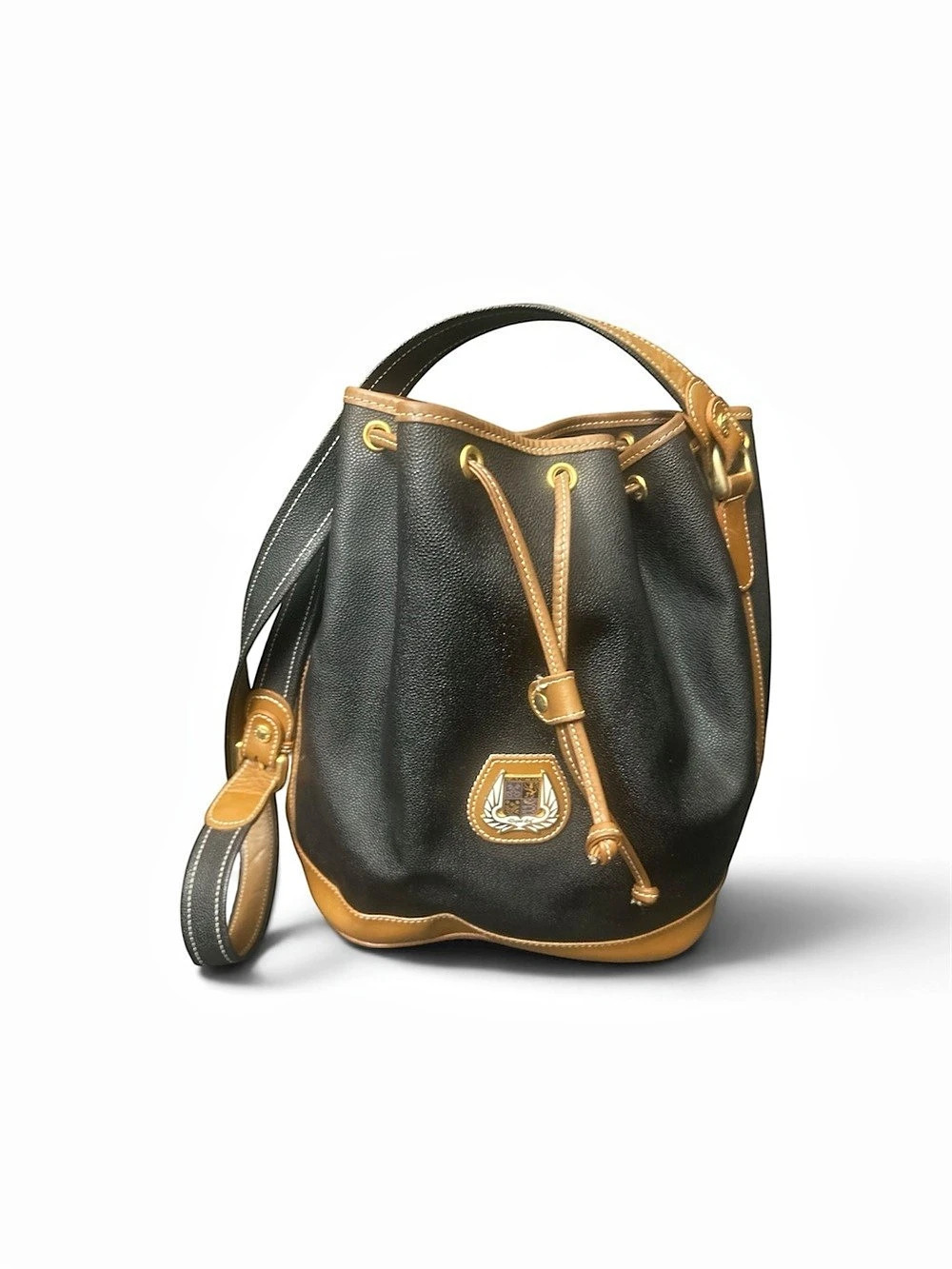 Vintage Lancel Black & Brown leather Drawstring Bucket Bag crossbody bag